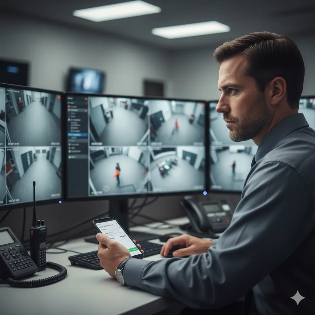 Dispatcher coordinating team updates from a central station during service.